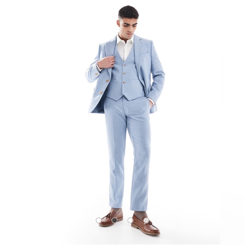 ASOS Design Powder Blue Wool Blend 3-Piece Suit | Jacket Vest Pants Size 46 Long